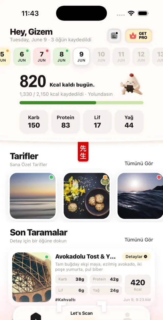 CalSensei daily dashboard screen